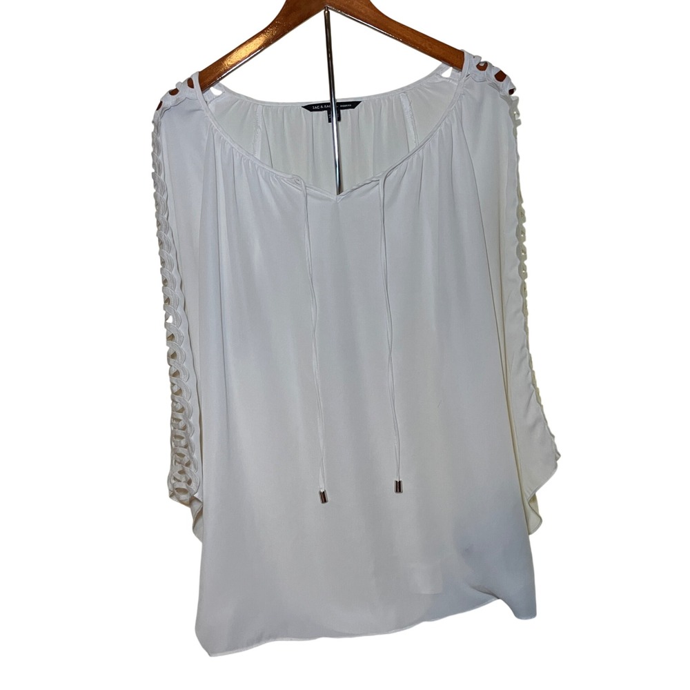 Zac & Rachel Blouse Women's M White Crochet Cold Shoulder Tie Neck Top Flowy
